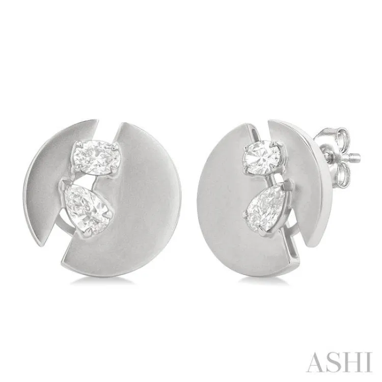 1/2 ctw Split Circle Oval and Pear Cut Diamond Fashion Stud Earrings in 14K White Gold