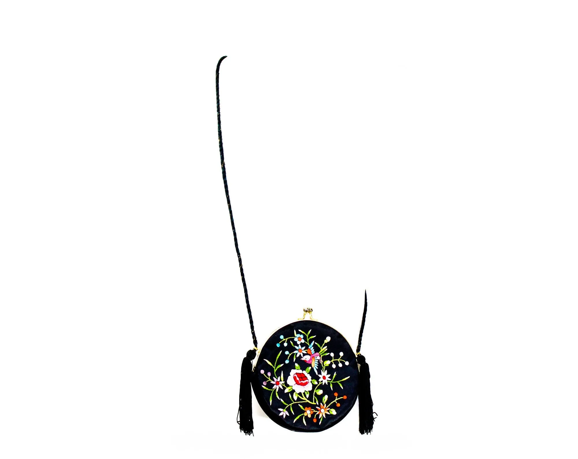 Asian Bird Evening Purse - 60s 70s Formal Handbag - Beautiful Embroidery - Fine Black Satin Bag with Shoulder Strap - Turquoise Pink Orange