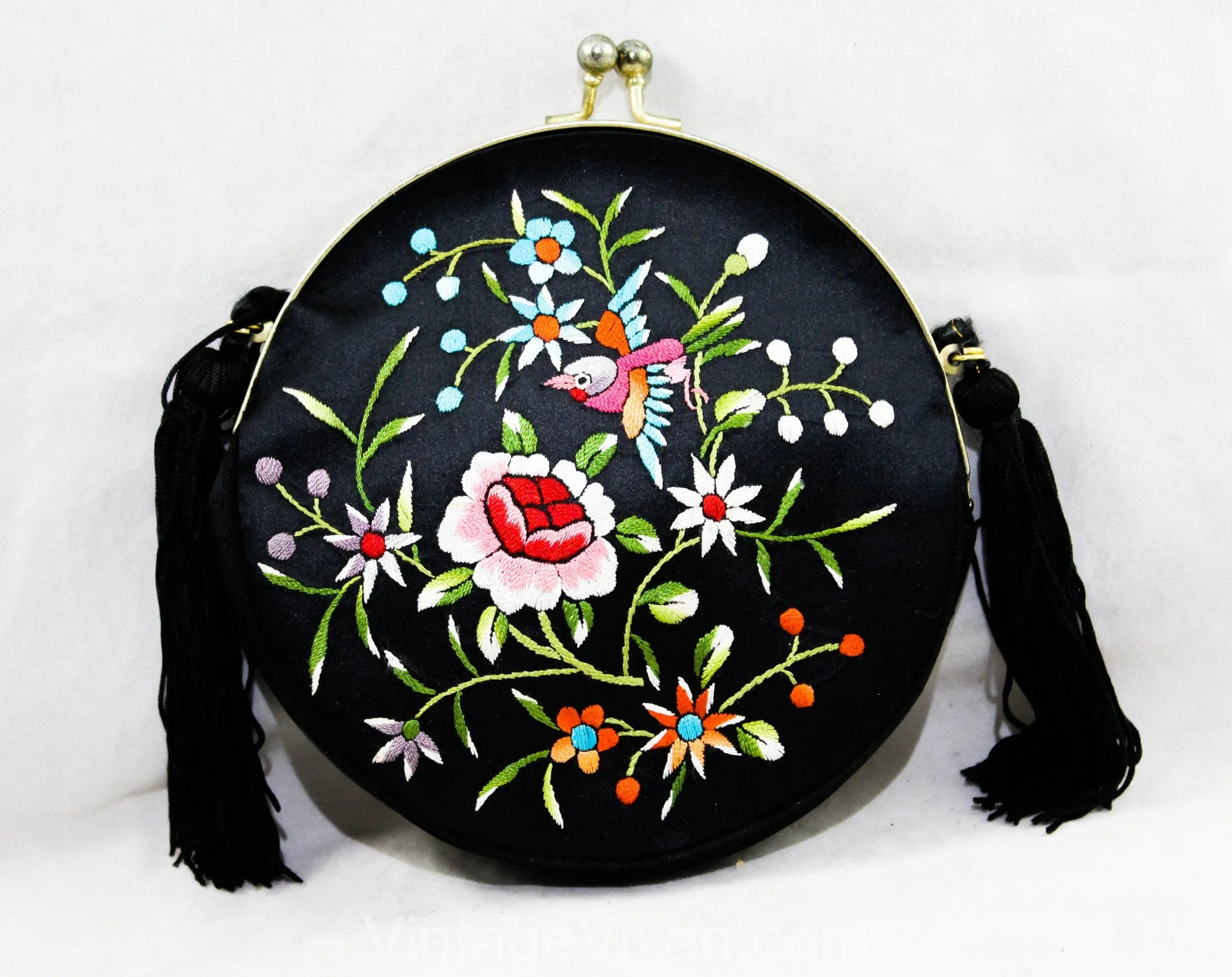 Asian Bird Evening Purse - 60s 70s Formal Handbag - Beautiful Embroidery - Fine Black Satin Bag with Shoulder Strap - Turquoise Pink Orange