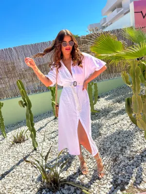 Cant Help Myself - White Midi Shirt Belt Dress
