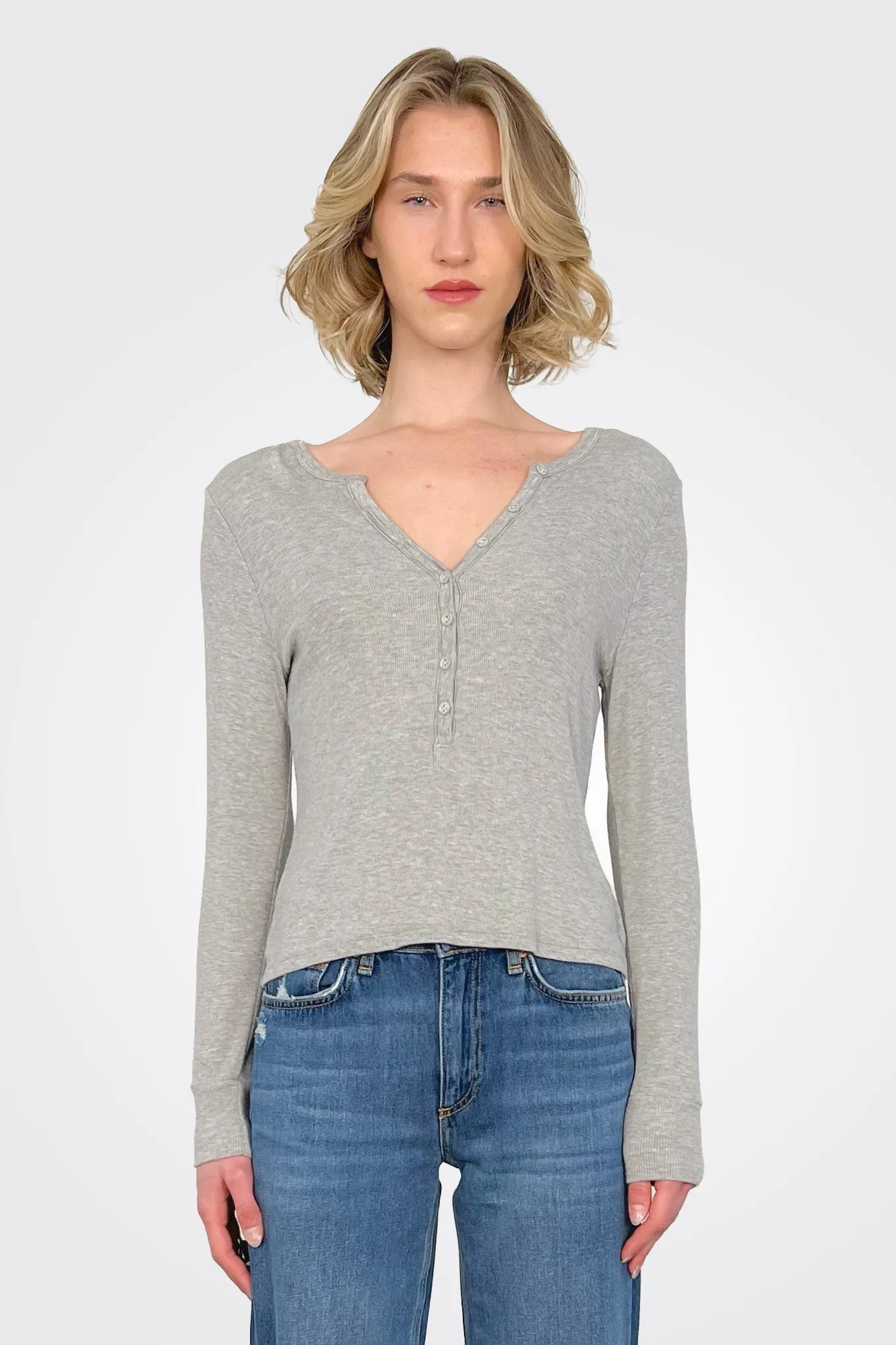 Eva Long Sleeve Henley - Heather Grey