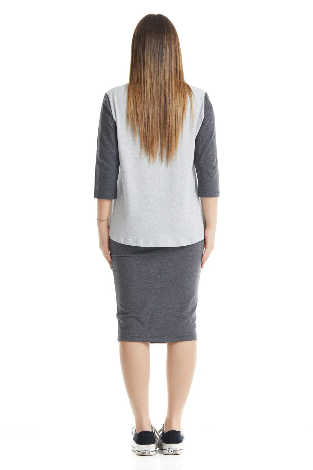 Heather Grey/ Charcoal 3/4 Sleeve Cotton Henley Shirt for Women