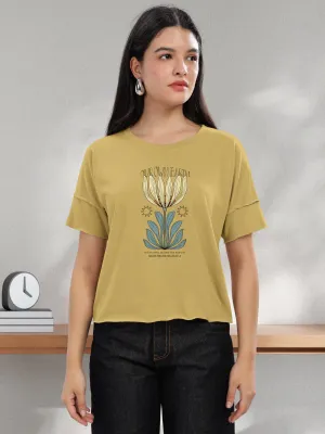 HELLCAT Mustard Printed Regular Fit Raw Edge Crew Neck Crop T-Shirt for Women