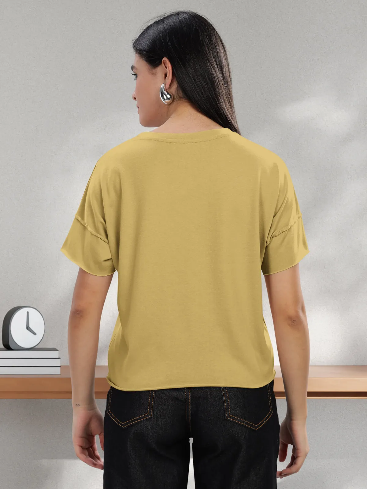 HELLCAT Mustard Printed Regular Fit Raw Edge Crew Neck Crop T-Shirt for Women