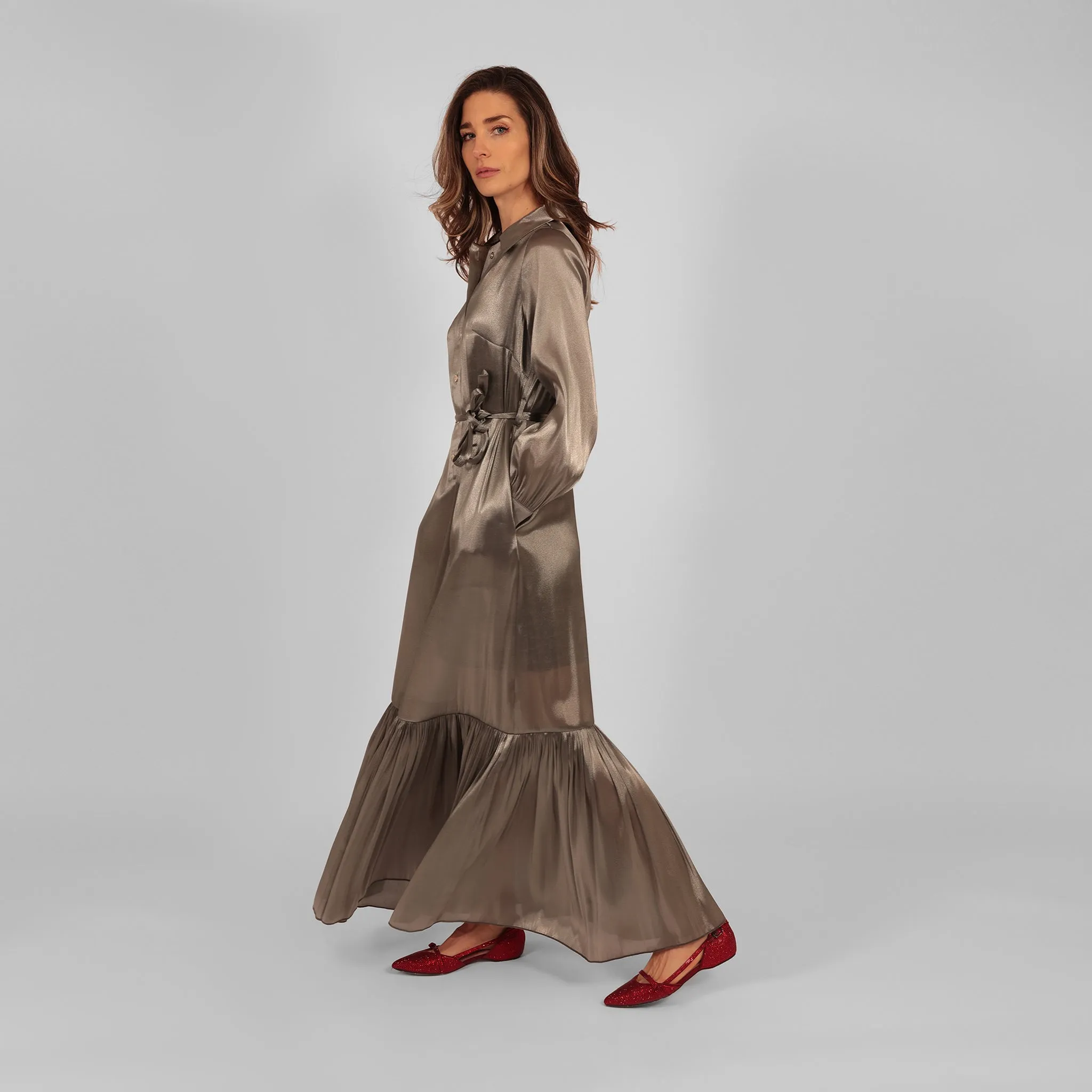 Ilu Long Sleeve Maxi Shirt Dress Silver