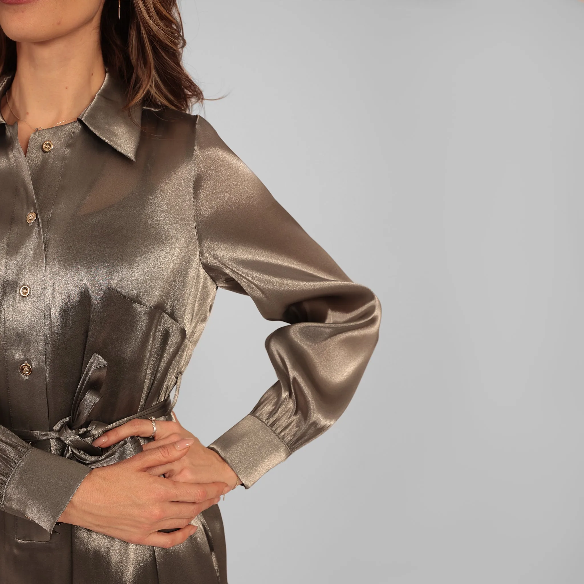Ilu Long Sleeve Maxi Shirt Dress Silver