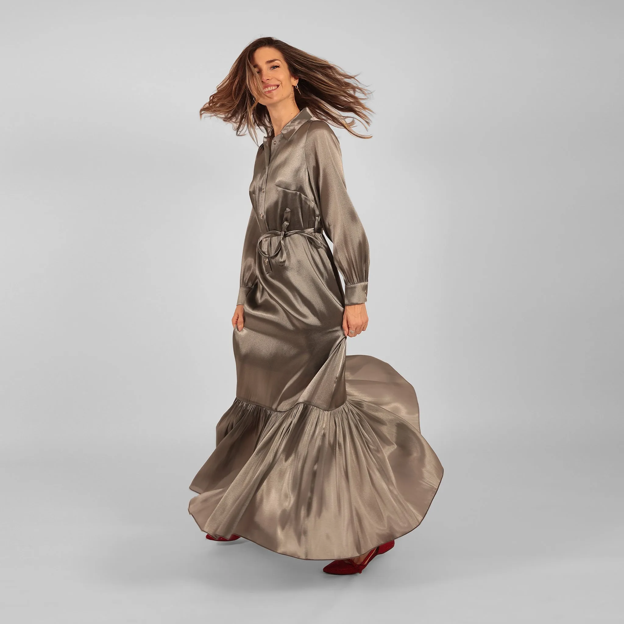 Ilu Long Sleeve Maxi Shirt Dress Silver