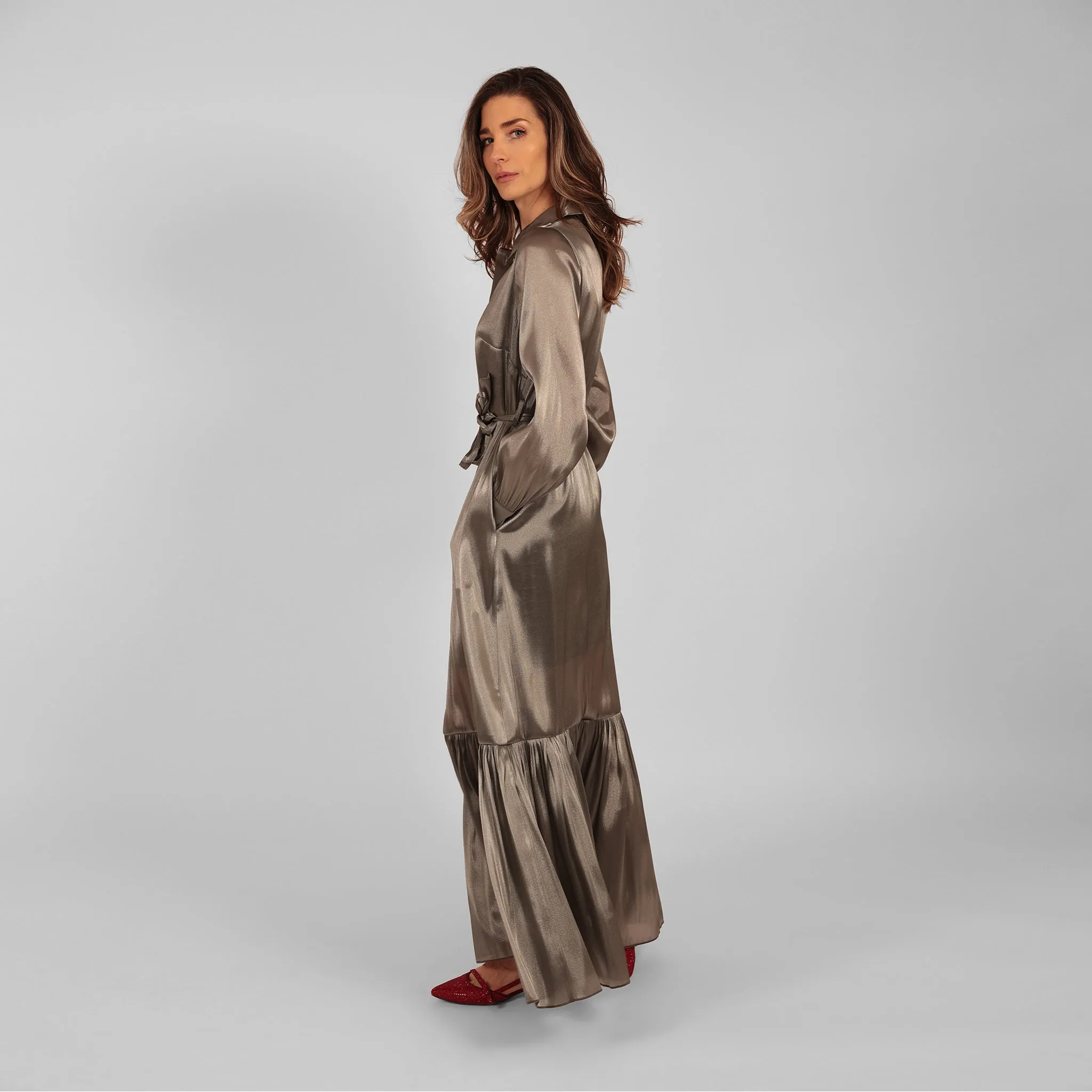 Ilu Long Sleeve Maxi Shirt Dress Silver
