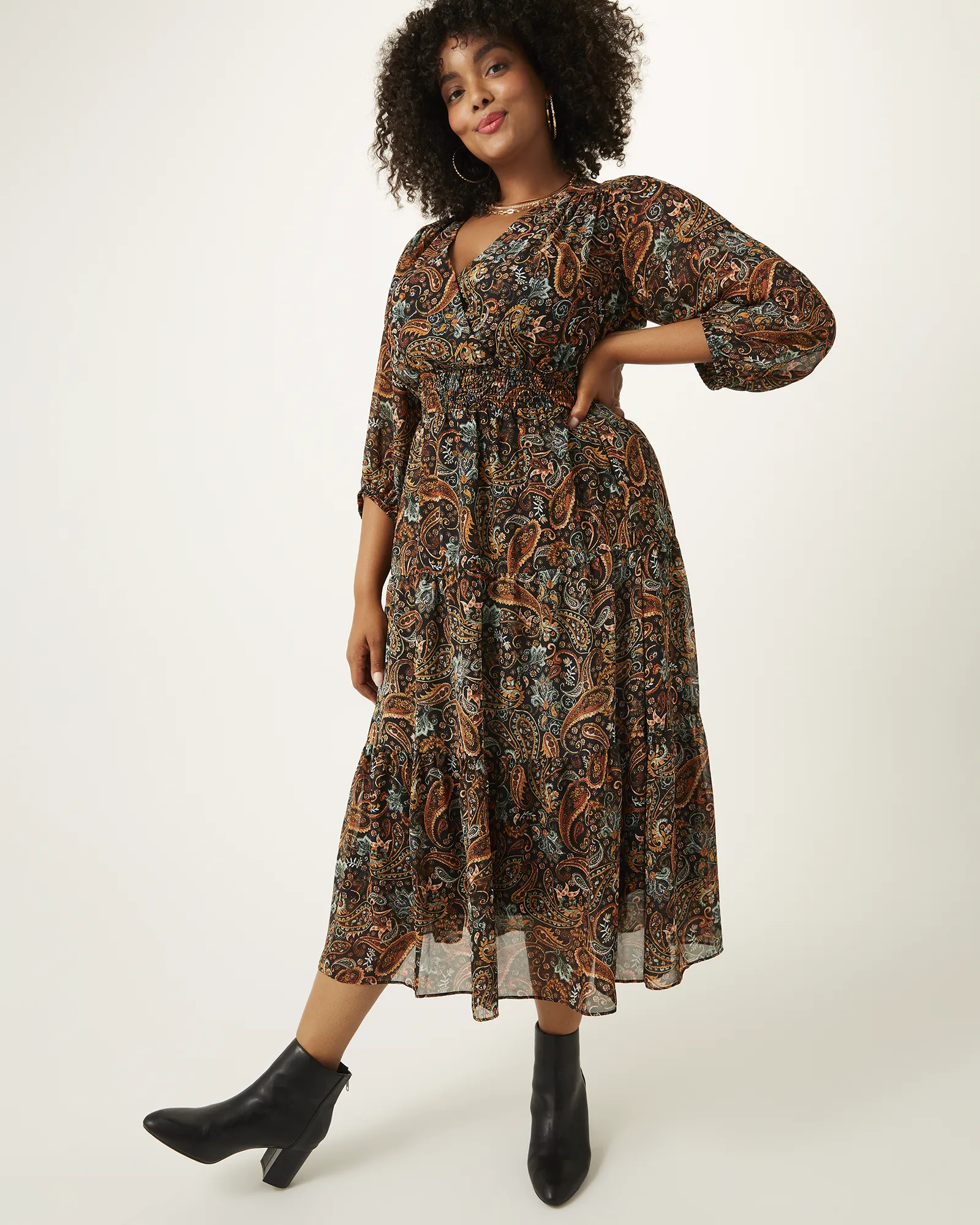 Joya Paisley-Print Midi Dress | Black
