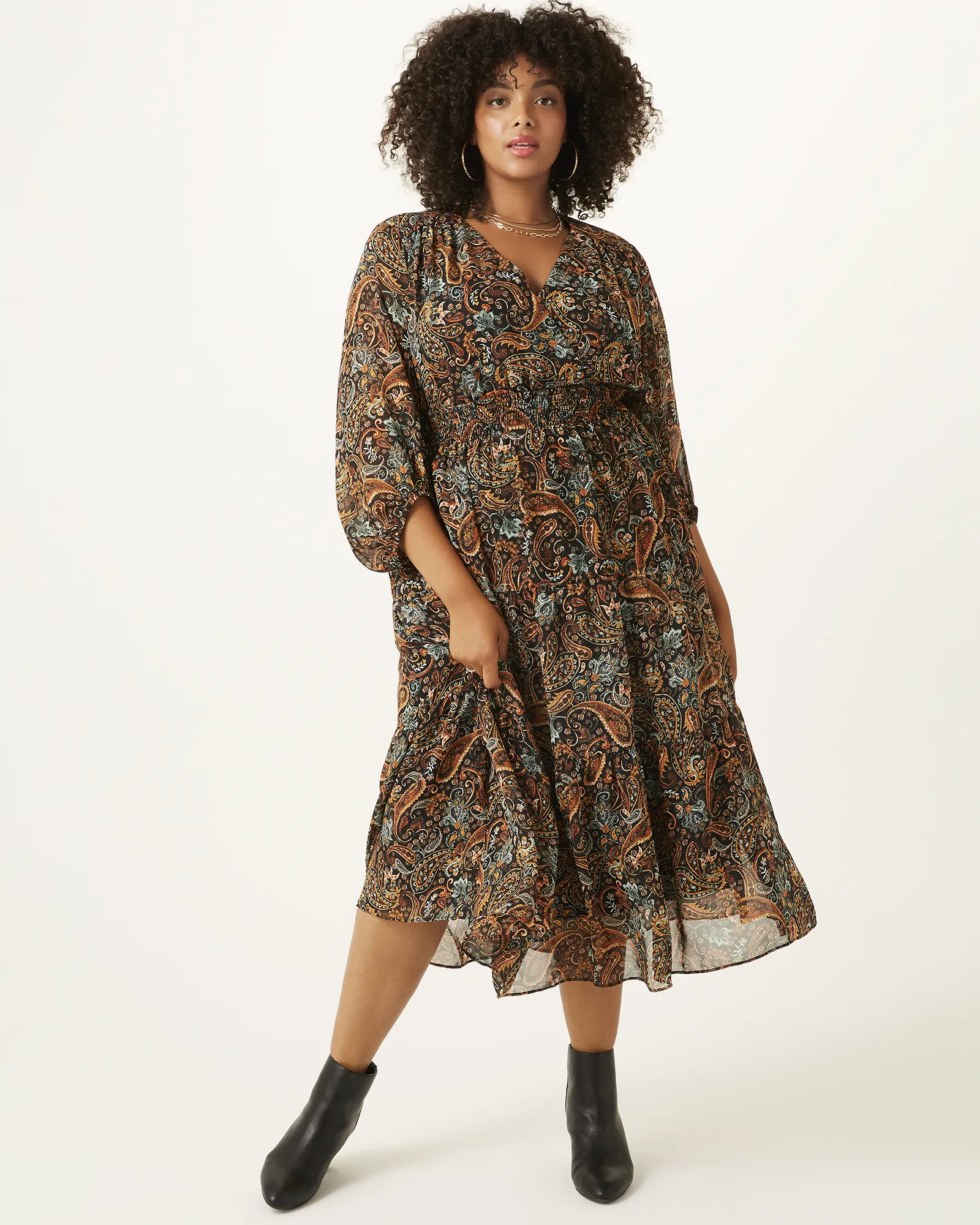 Joya Paisley-Print Midi Dress | Black