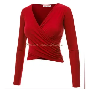 Red V Neck L/S Wrap Shirt