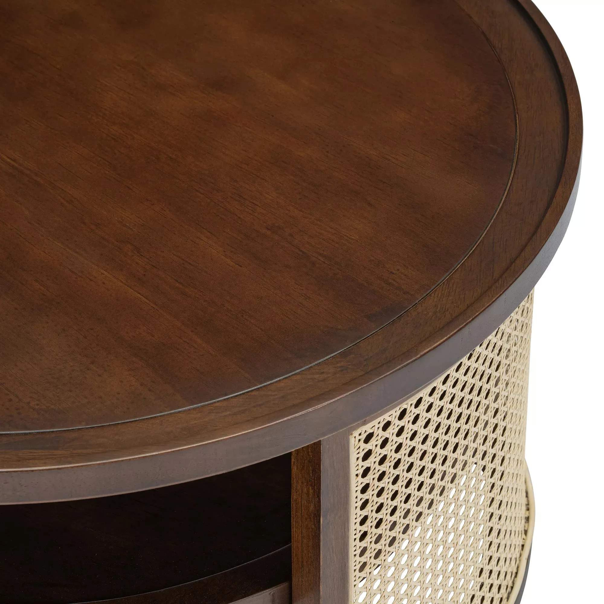 Round Rattan Coffee Table with Storage, Modern 2-Tier Wood Coffee Table with Storage Rattan Base, 31.3" Center Table for Apartment, Living Room, Home Office