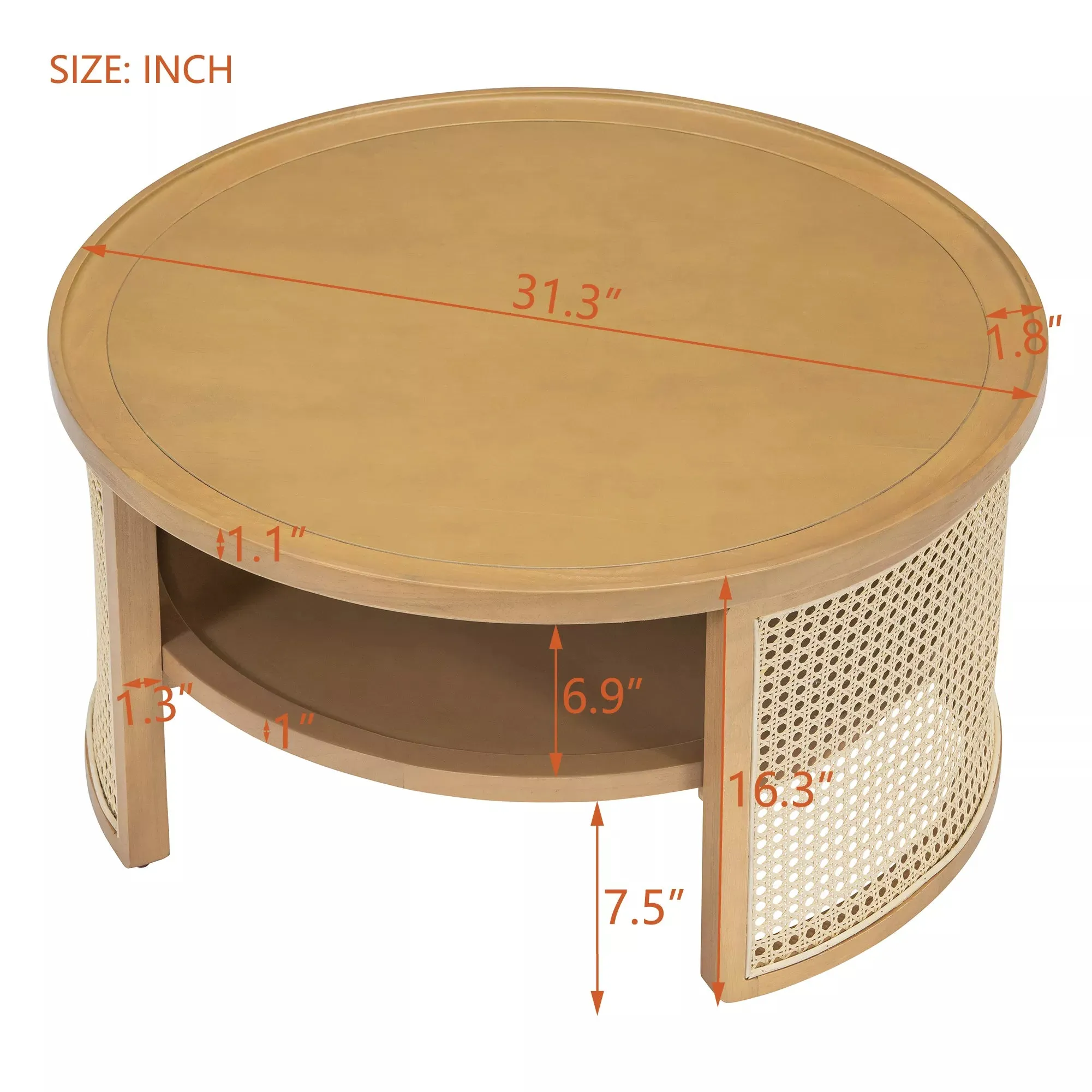 Round Rattan Coffee Table with Storage, Modern 2-Tier Wood Coffee Table with Storage Rattan Base, 31.3" Center Table for Apartment, Living Room, Home Office