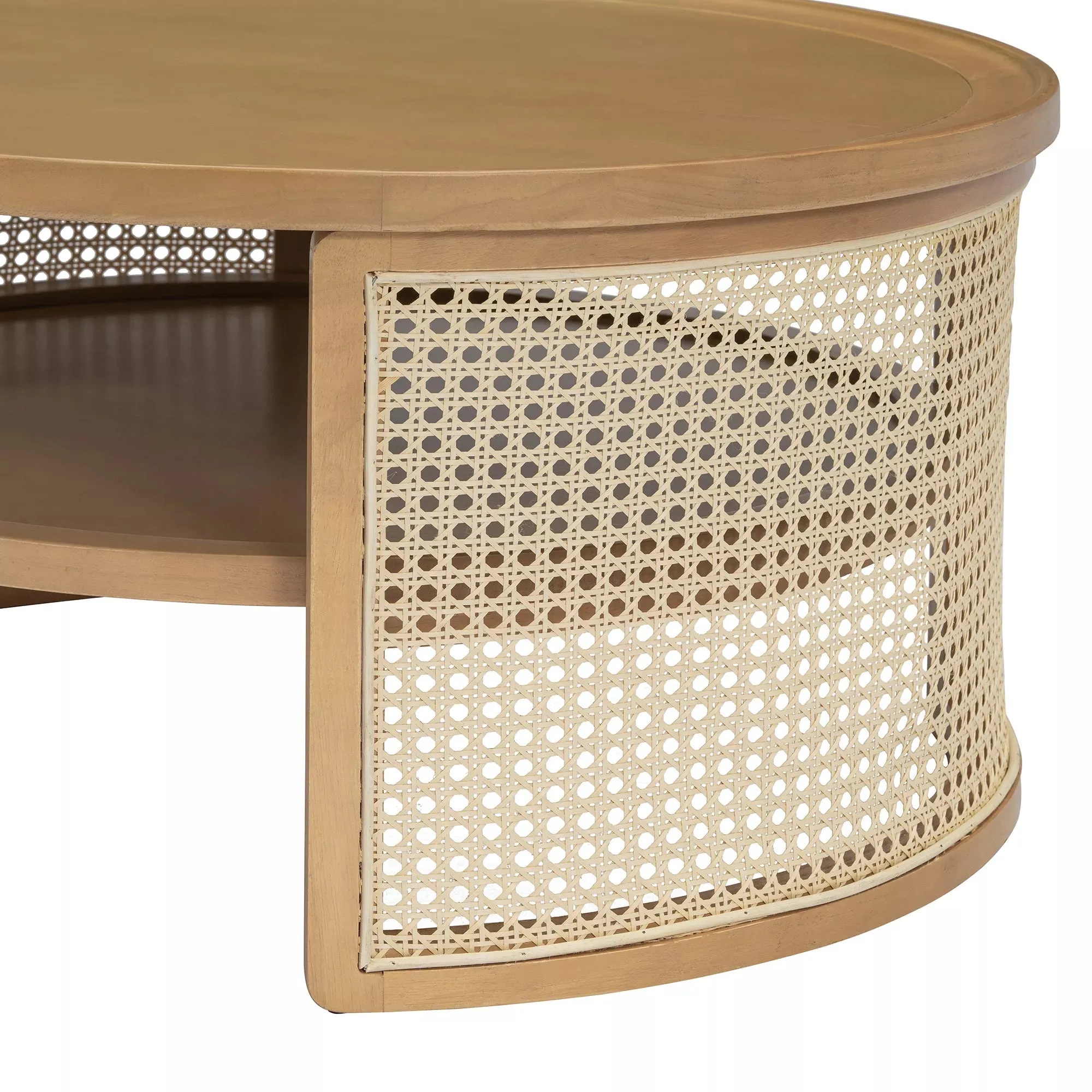 Round Rattan Coffee Table with Storage, Modern 2-Tier Wood Coffee Table with Storage Rattan Base, 31.3" Center Table for Apartment, Living Room, Home Office