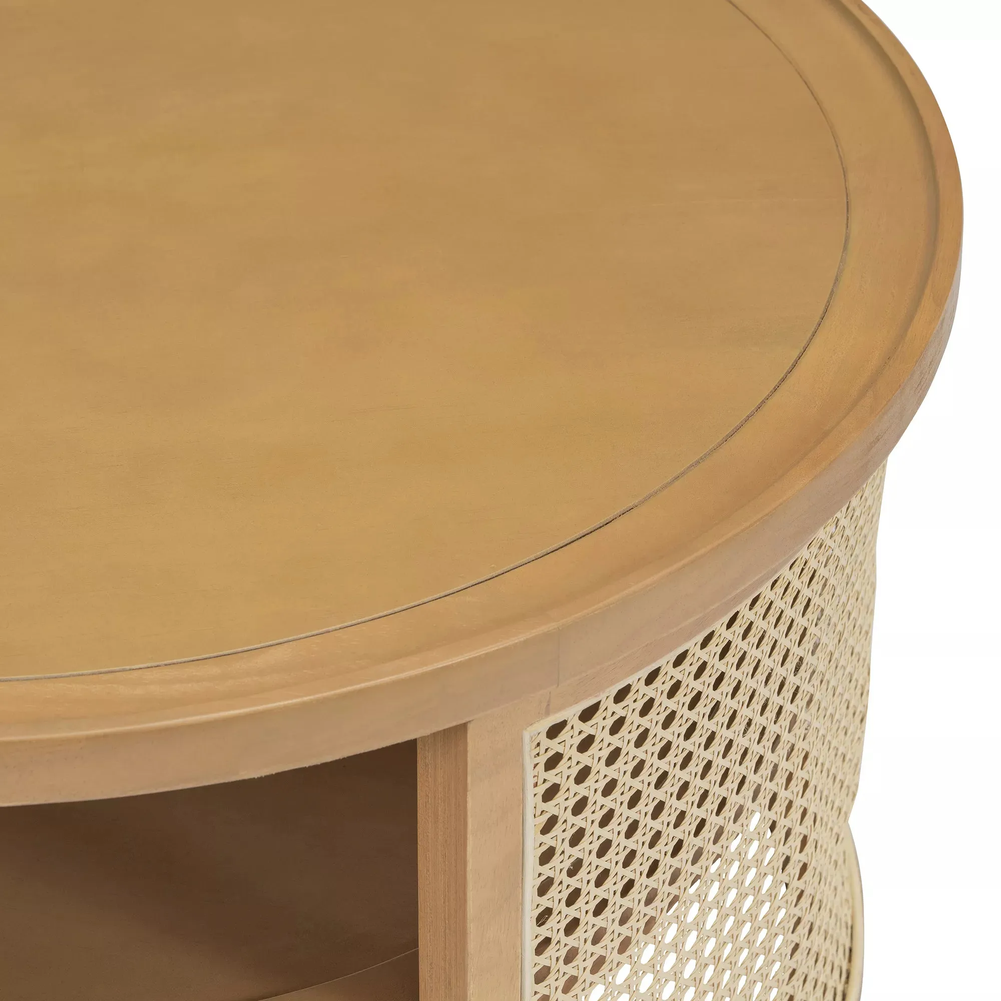 Round Rattan Coffee Table with Storage, Modern 2-Tier Wood Coffee Table with Storage Rattan Base, 31.3" Center Table for Apartment, Living Room, Home Office