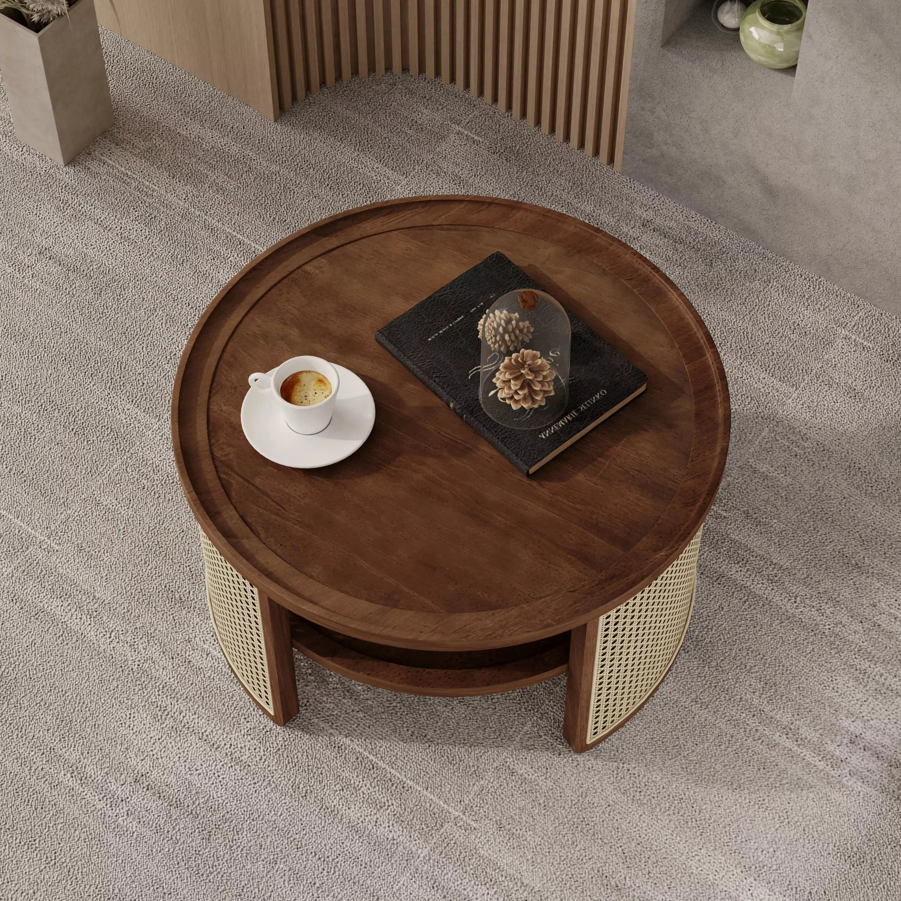 Round Rattan Coffee Table with Storage, Modern 2-Tier Wood Coffee Table with Storage Rattan Base, 31.3" Center Table for Apartment, Living Room, Home Office