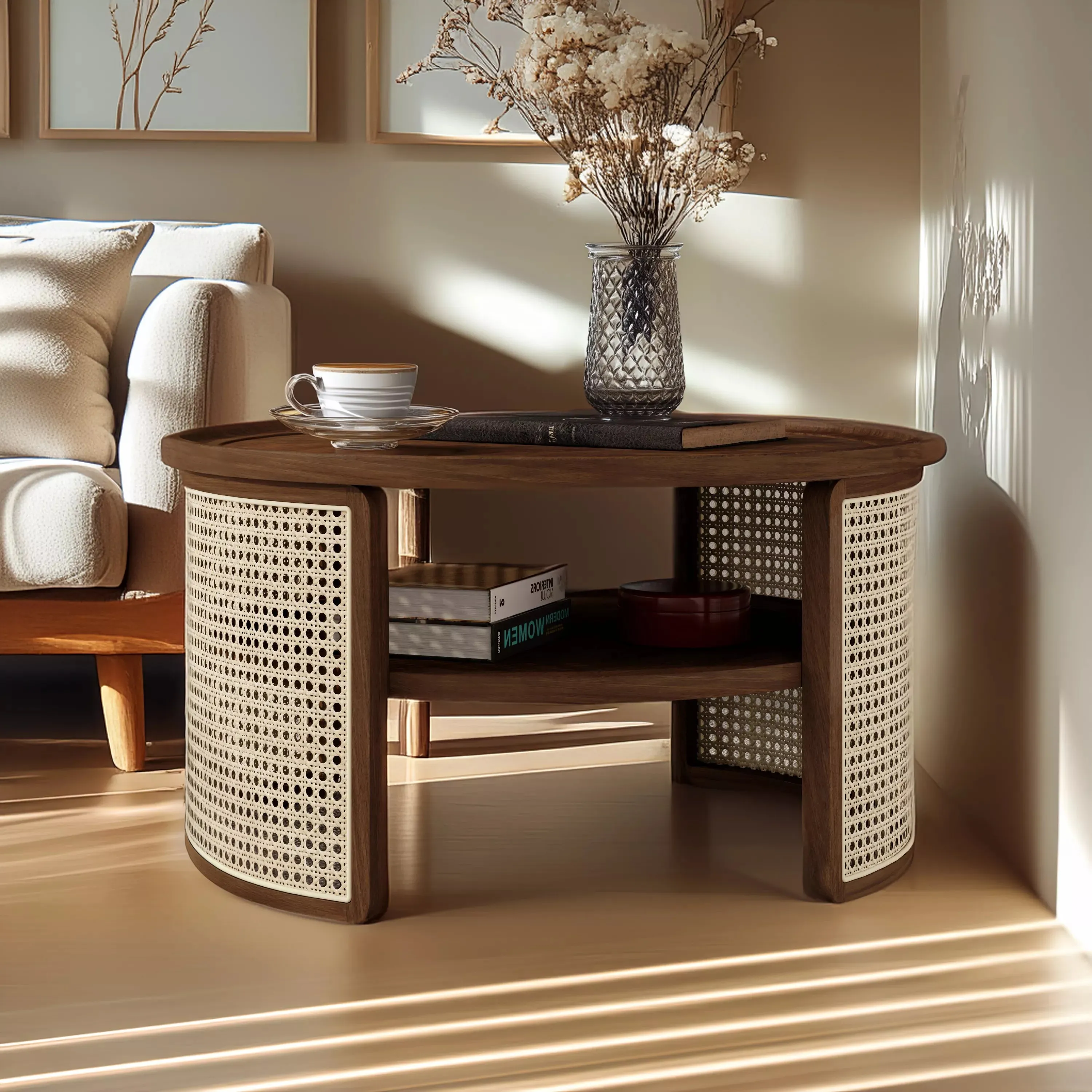 Round Rattan Coffee Table with Storage, Modern 2-Tier Wood Coffee Table with Storage Rattan Base, 31.3" Center Table for Apartment, Living Room, Home Office