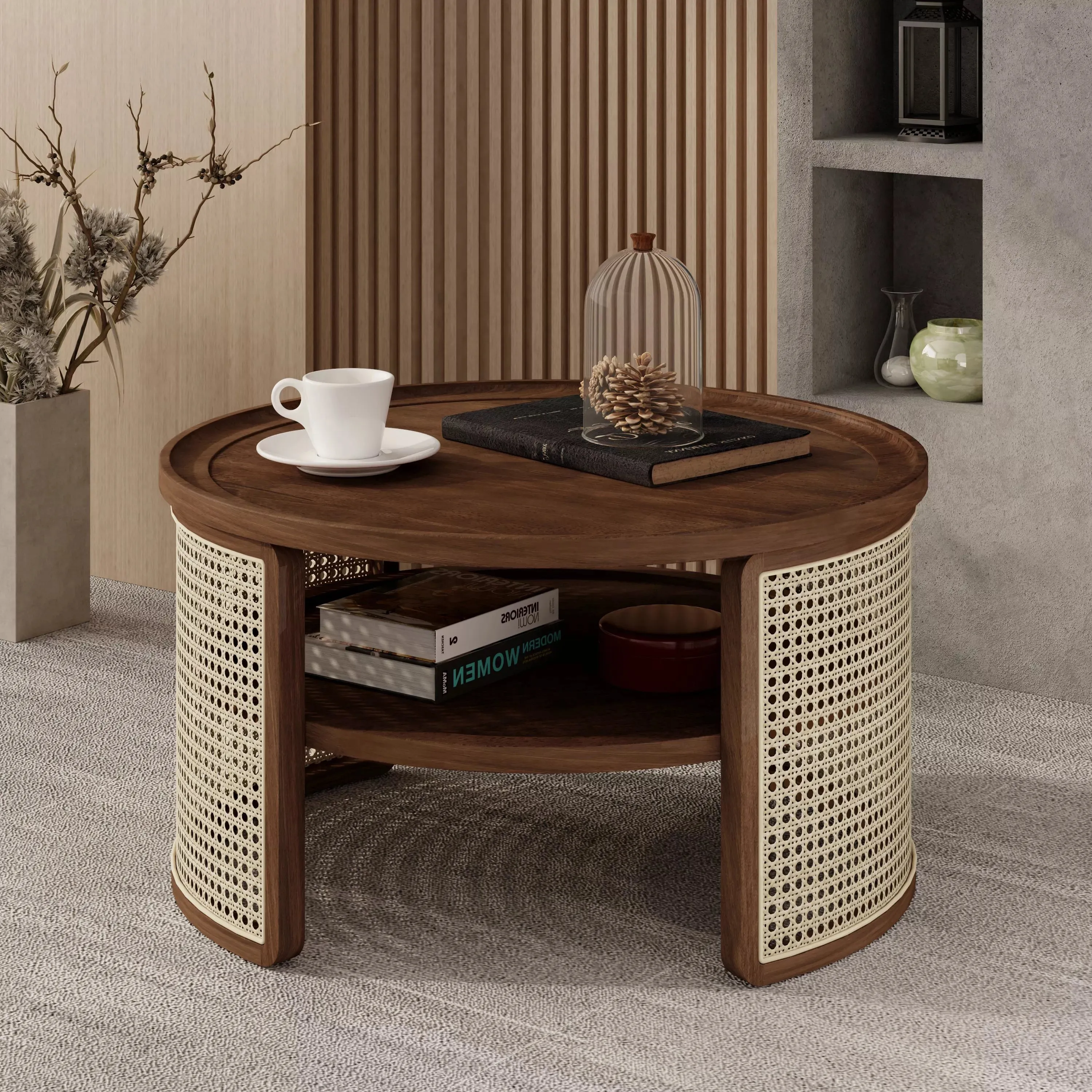 Round Rattan Coffee Table with Storage, Modern 2-Tier Wood Coffee Table with Storage Rattan Base, 31.3" Center Table for Apartment, Living Room, Home Office