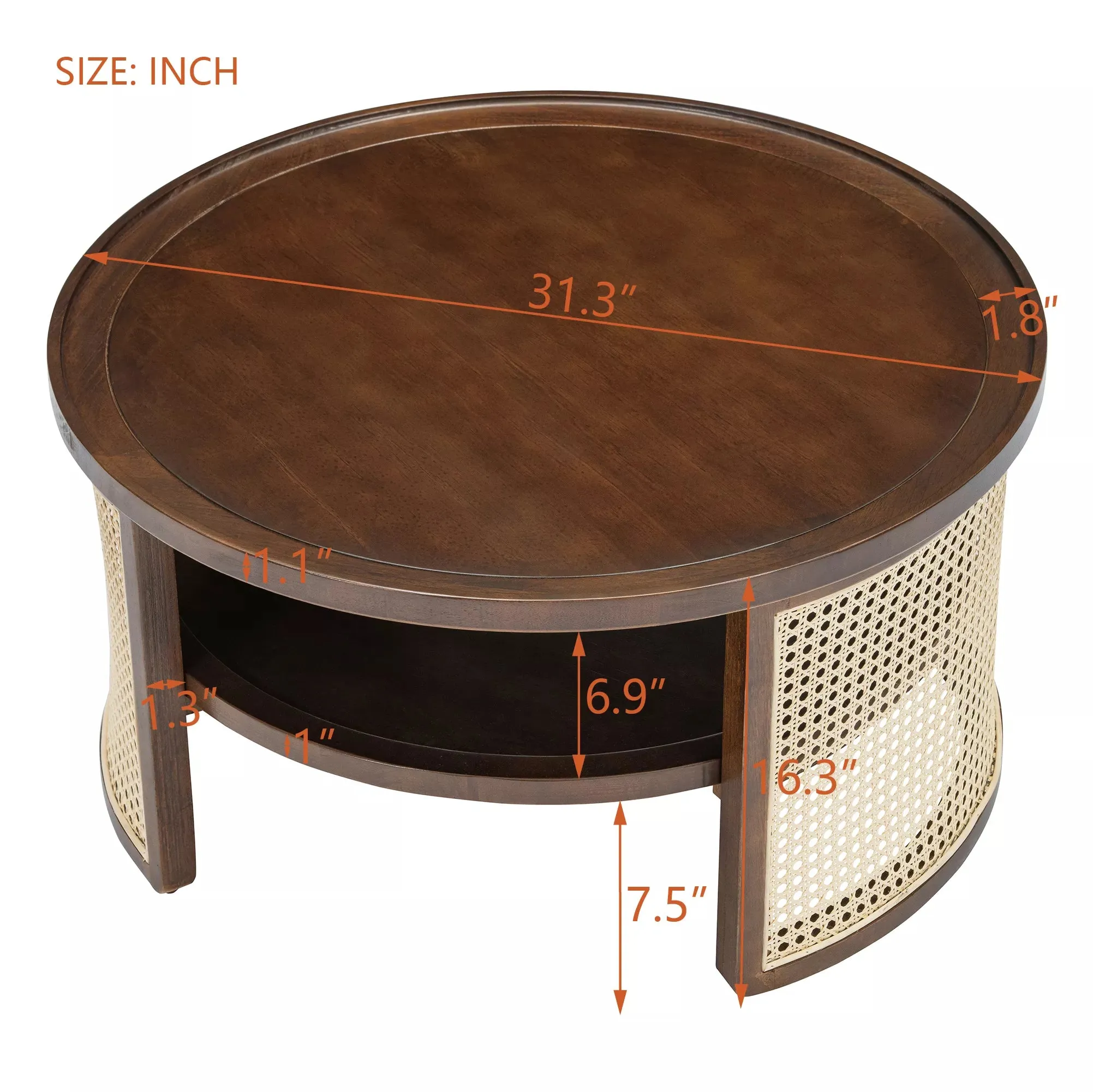 Round Rattan Coffee Table with Storage, Modern 2-Tier Wood Coffee Table with Storage Rattan Base, 31.3" Center Table for Apartment, Living Room, Home Office