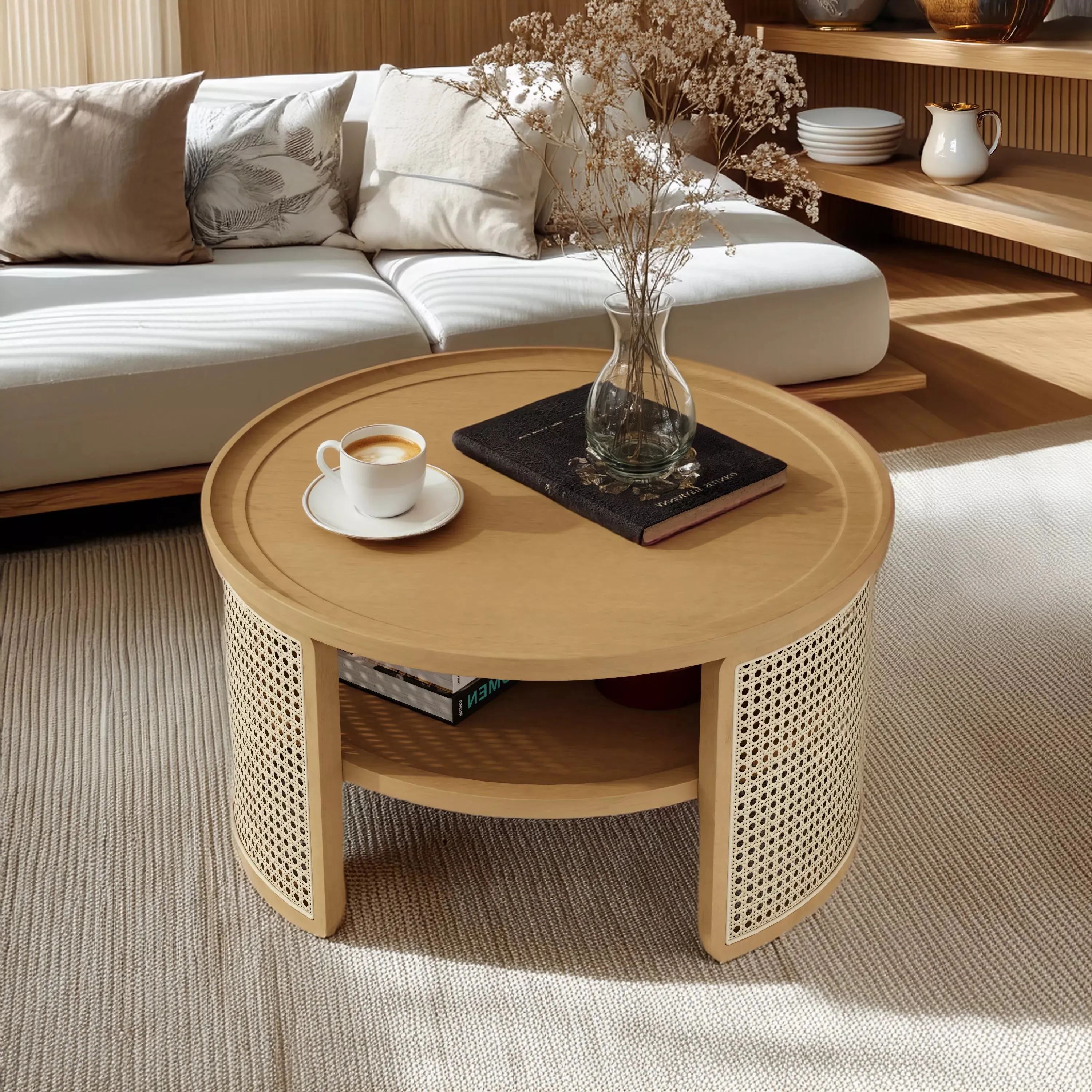 Round Rattan Coffee Table with Storage, Modern 2-Tier Wood Coffee Table with Storage Rattan Base, 31.3" Center Table for Apartment, Living Room, Home Office