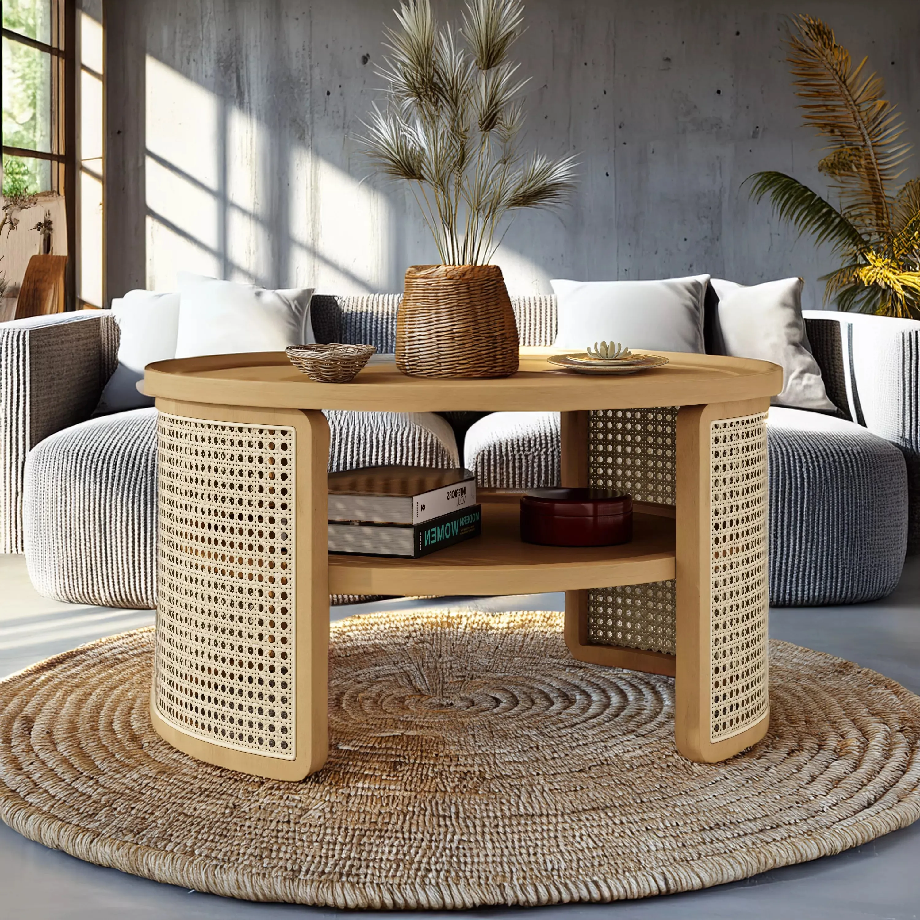 Round Rattan Coffee Table with Storage, Modern 2-Tier Wood Coffee Table with Storage Rattan Base, 31.3" Center Table for Apartment, Living Room, Home Office