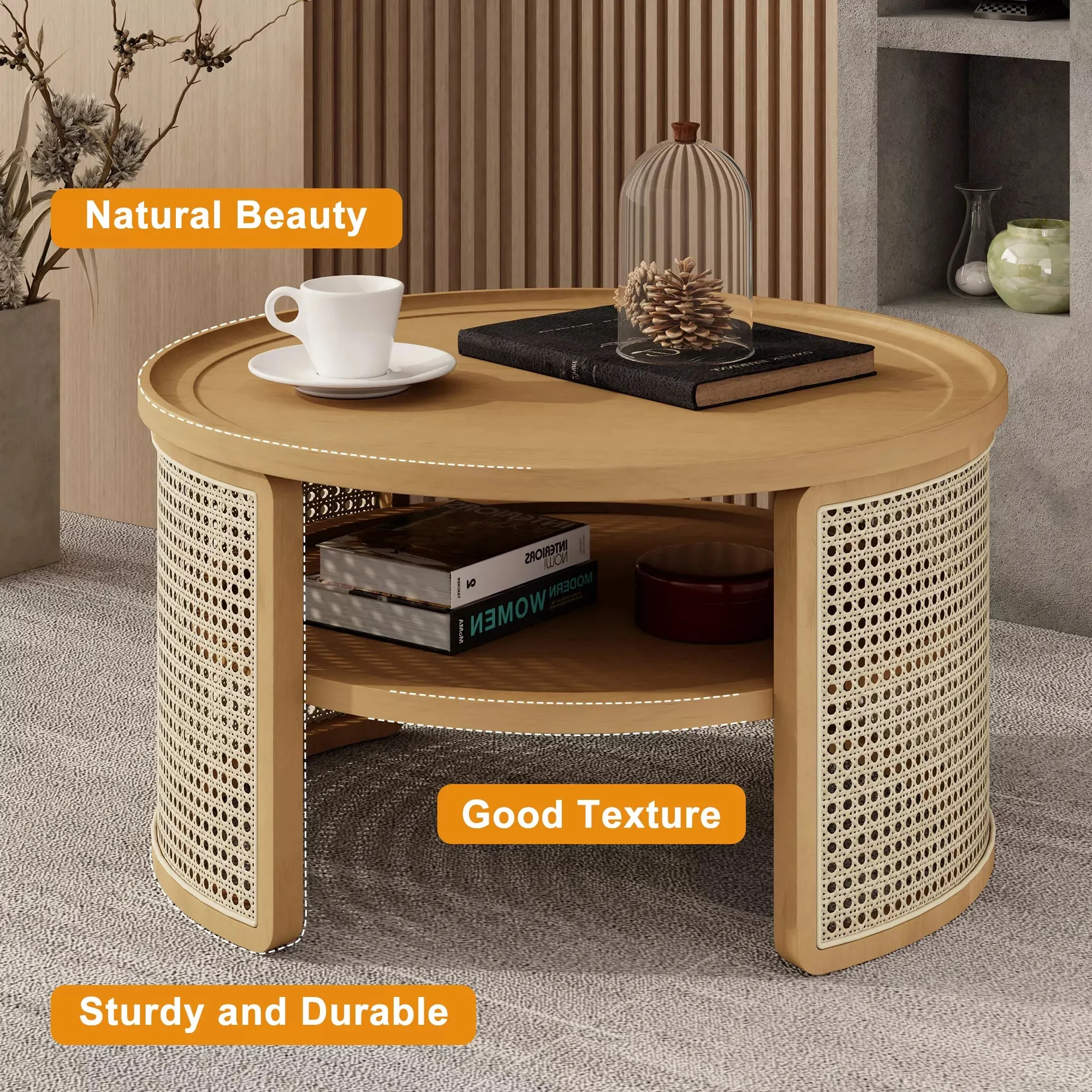 Round Rattan Coffee Table with Storage, Modern 2-Tier Wood Coffee Table with Storage Rattan Base, 31.3" Center Table for Apartment, Living Room, Home Office