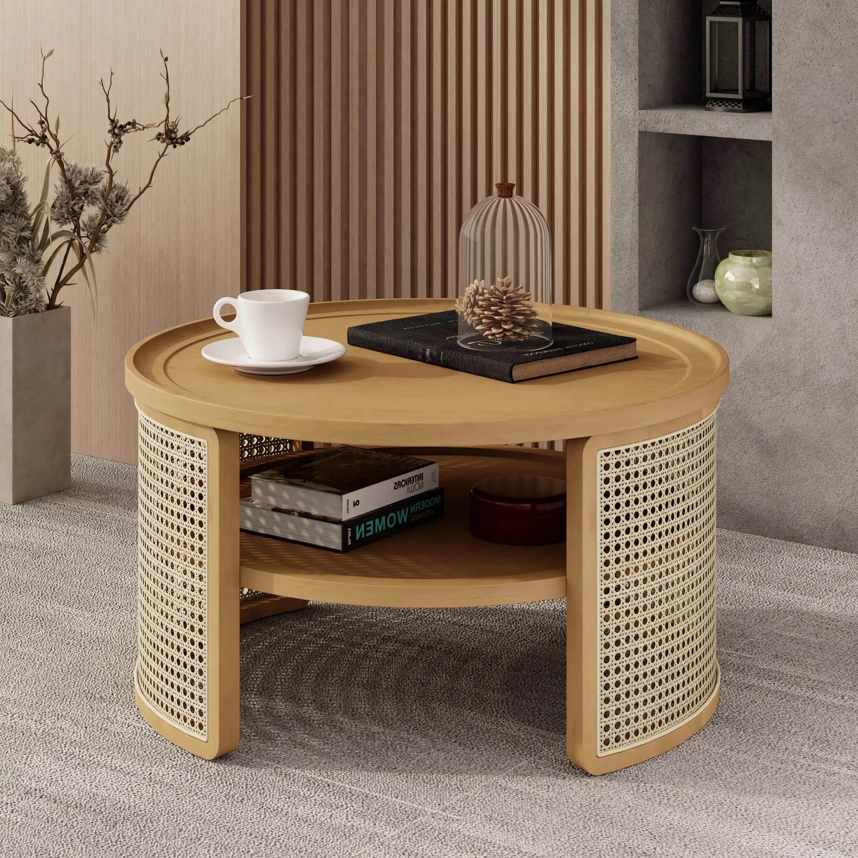 Round Rattan Coffee Table with Storage, Modern 2-Tier Wood Coffee Table with Storage Rattan Base, 31.3" Center Table for Apartment, Living Room, Home Office