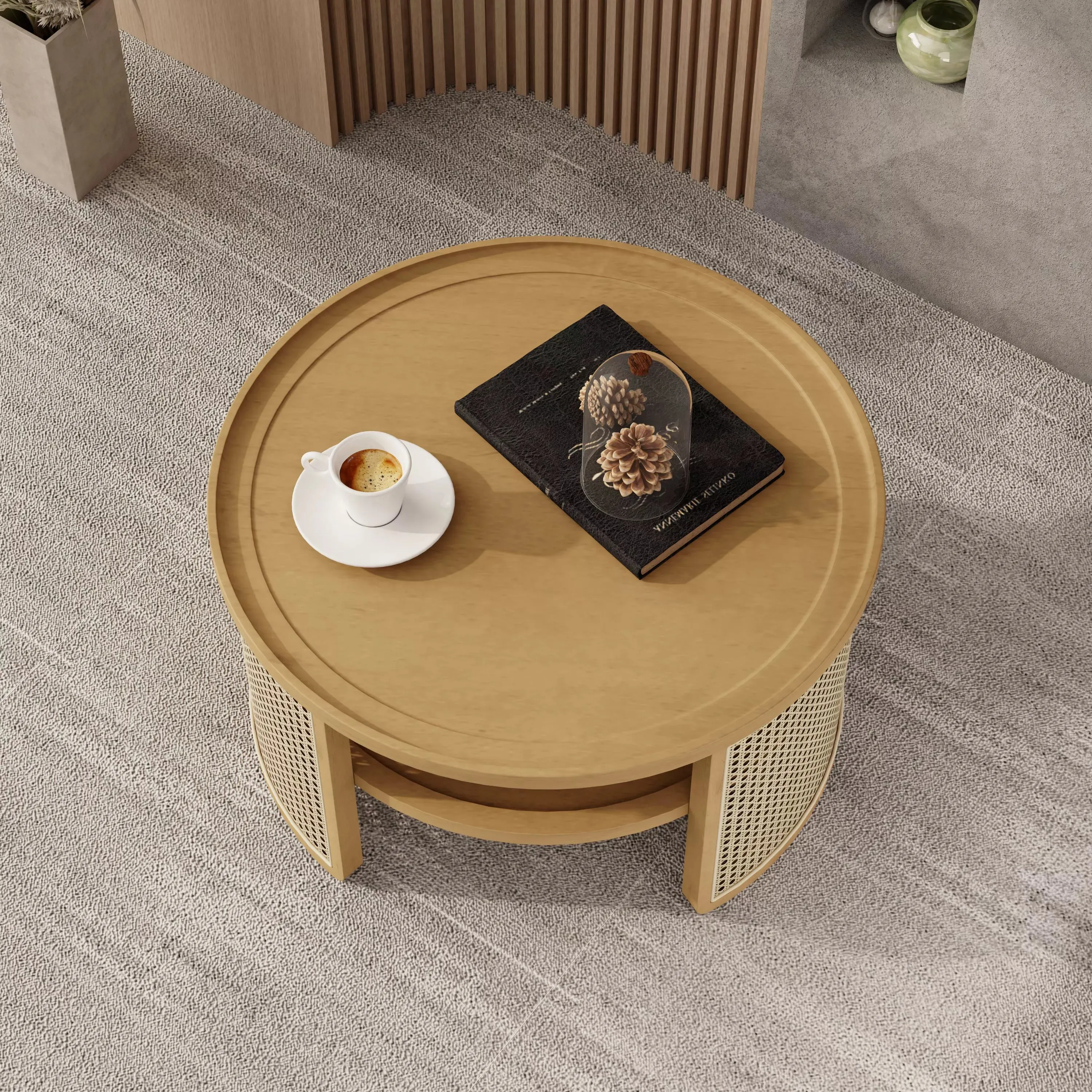 Round Rattan Coffee Table with Storage, Modern 2-Tier Wood Coffee Table with Storage Rattan Base, 31.3" Center Table for Apartment, Living Room, Home Office