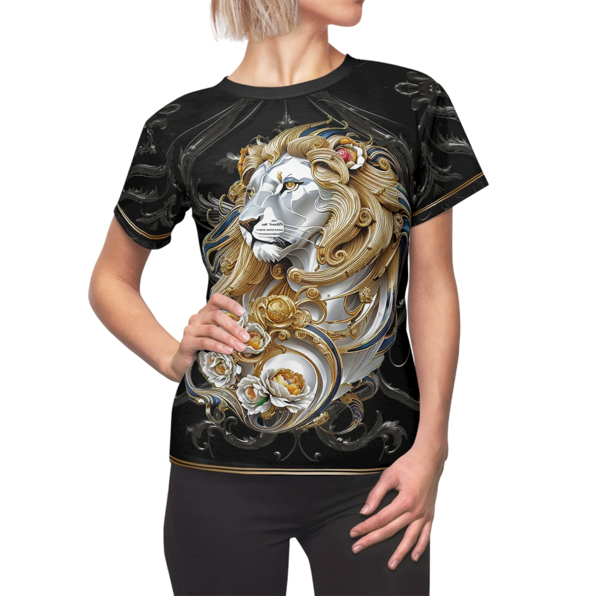 Royal Lion Black T-Shirt Unisex All Over Print Tee Baroque Lion Unisex T-Shirt  | D30001