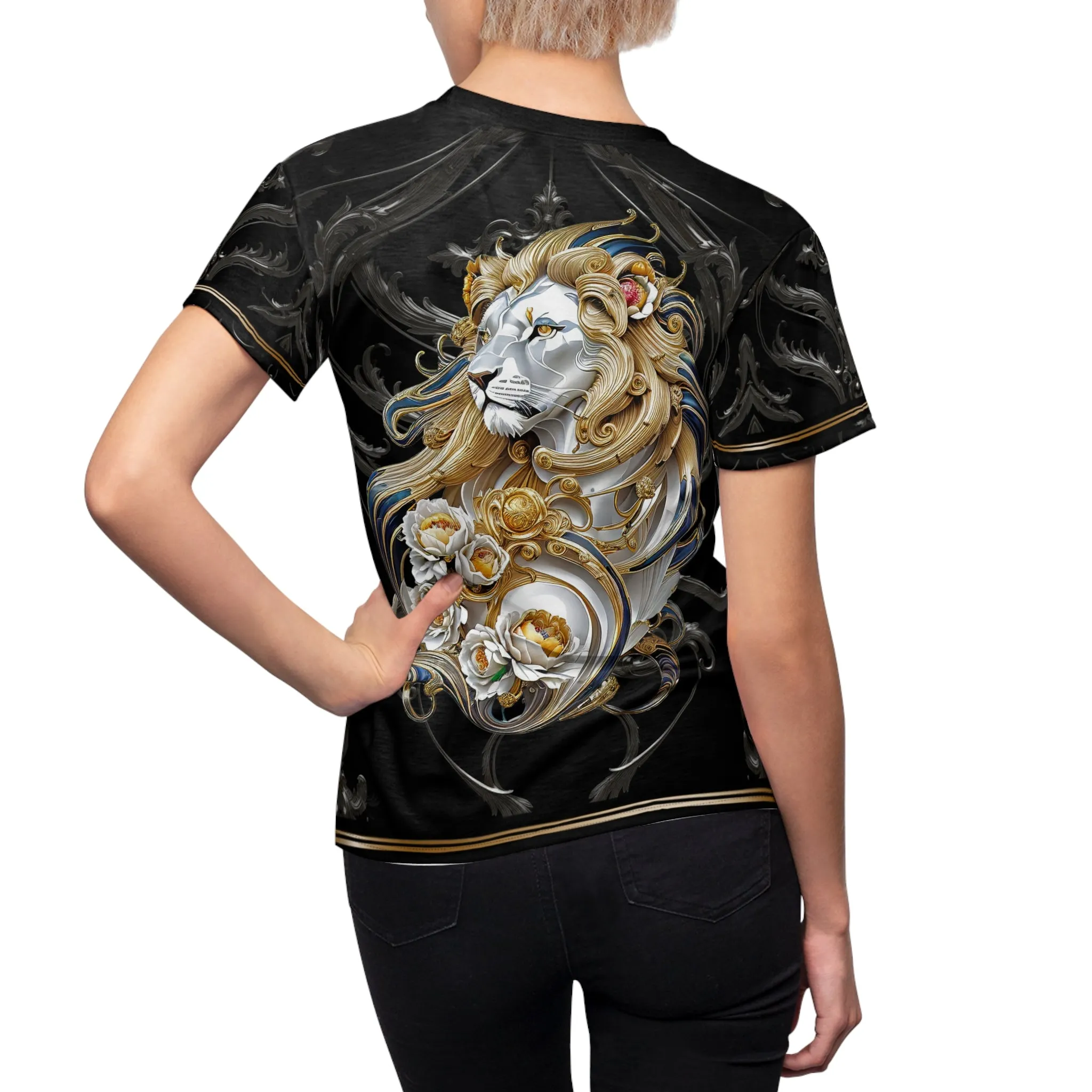 Royal Lion Black T-Shirt Unisex All Over Print Tee Baroque Lion Unisex T-Shirt  | D30001