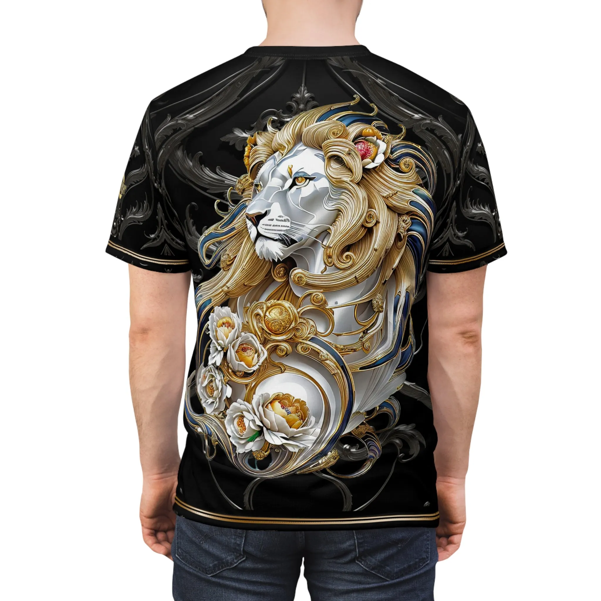 Royal Lion Black T-Shirt Unisex All Over Print Tee Baroque Lion Unisex T-Shirt  | D30001