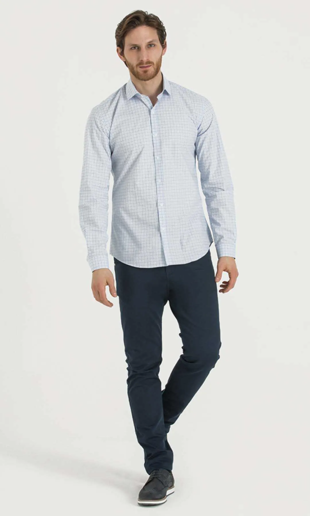 Slim Fit Long Sleeve Checked Cotton Dress Shirt, Blue K.