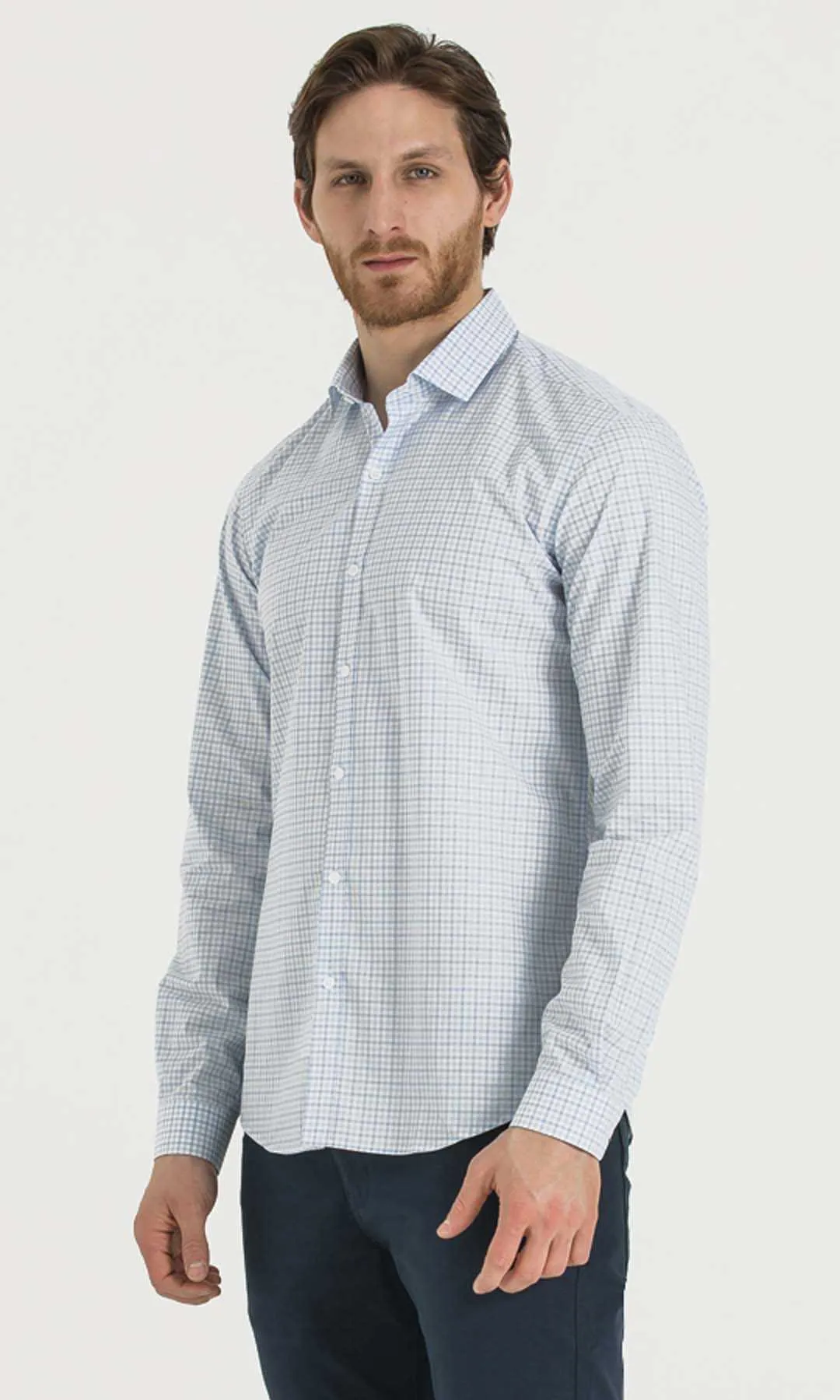 Slim Fit Long Sleeve Checked Cotton Dress Shirt, Blue K.