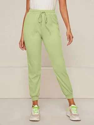 Solid Rib-knit Drawstring Waist Sweatpants