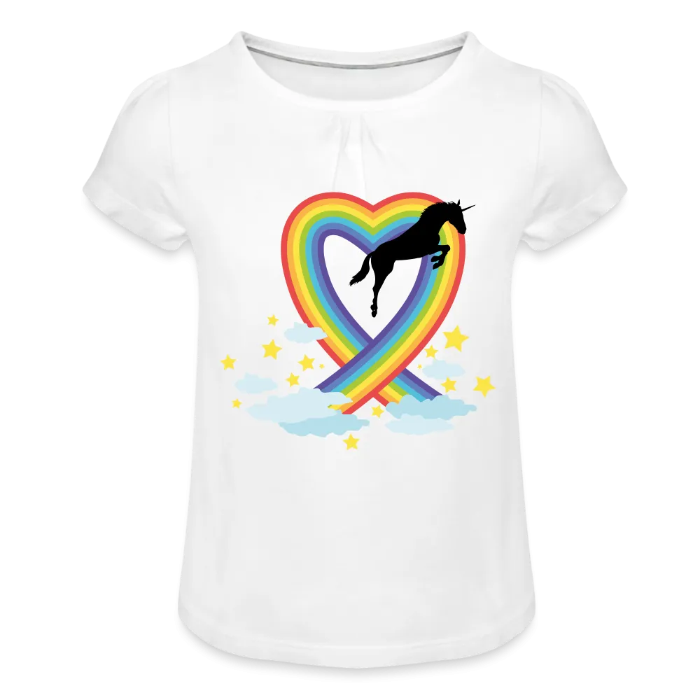 T-shirt à fronces au col Fille "Licorne et Cœur en arc-en-ciel"