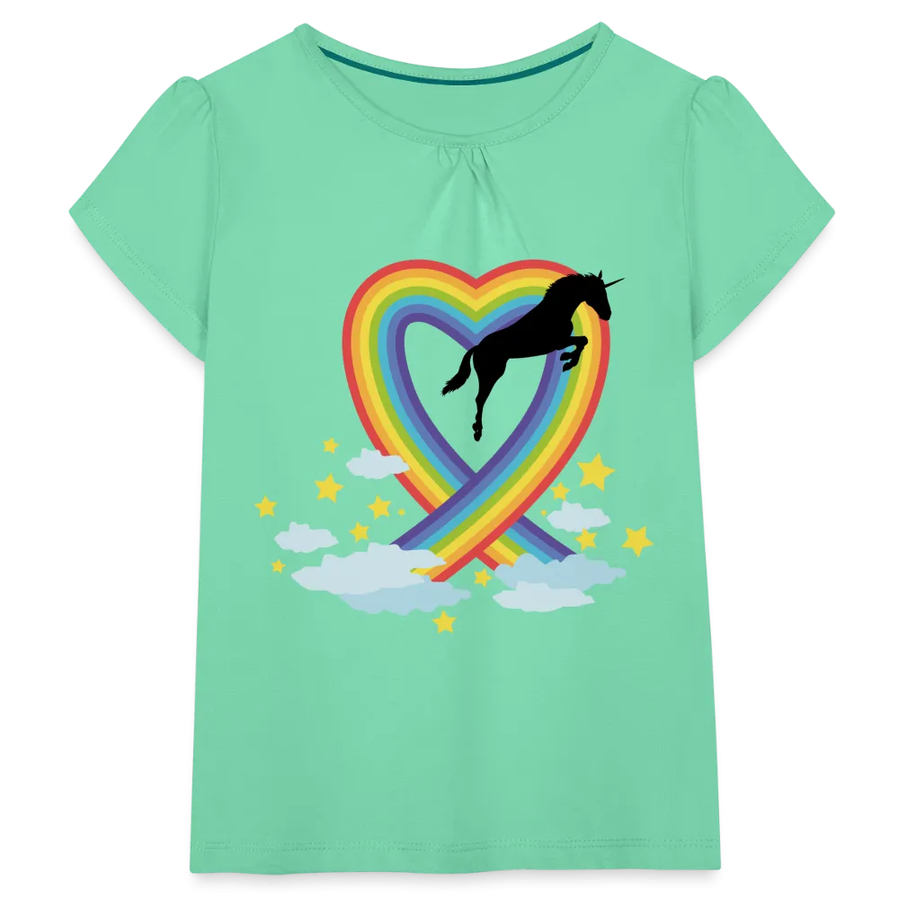 T-shirt à fronces au col Fille "Licorne et Cœur en arc-en-ciel"