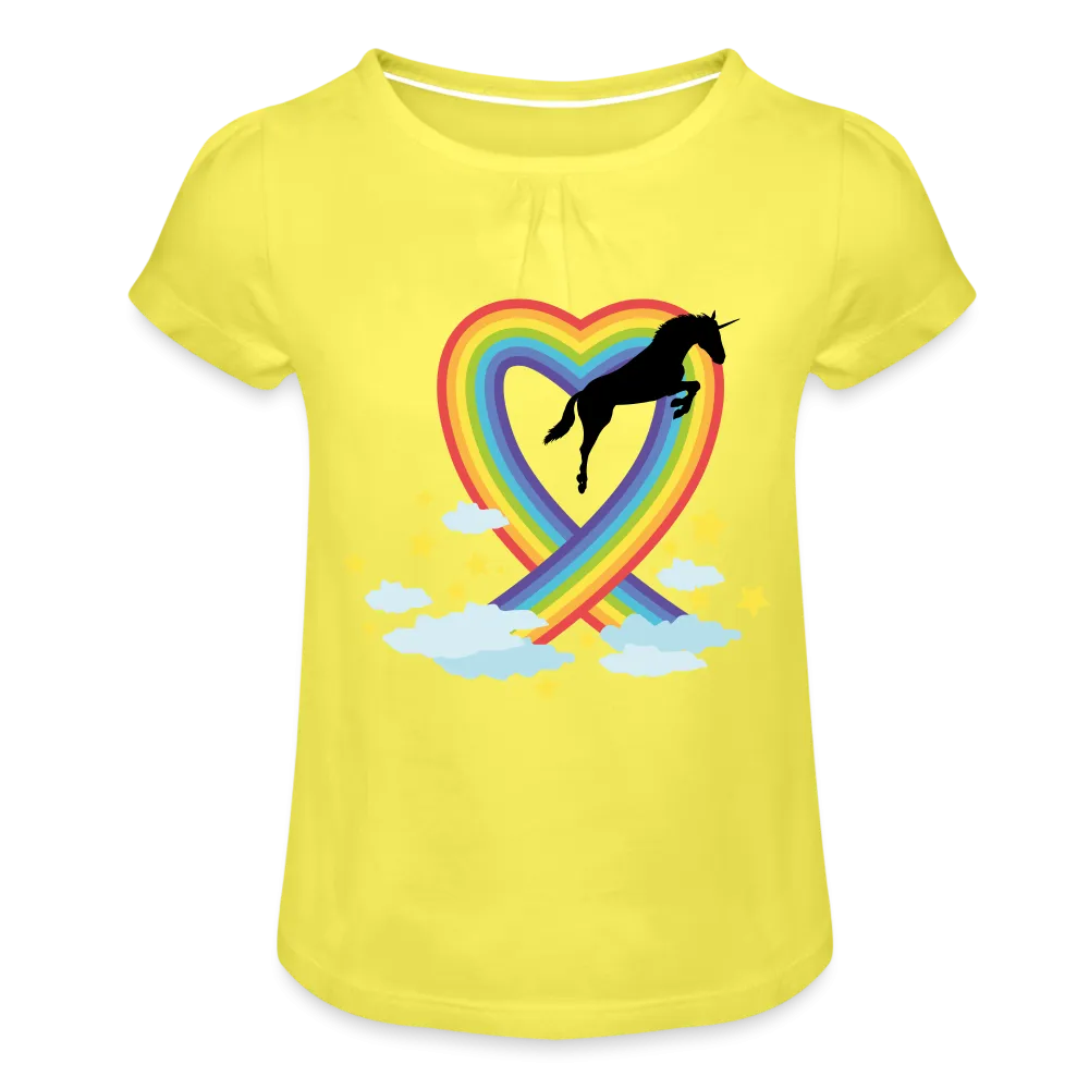T-shirt à fronces au col Fille "Licorne et Cœur en arc-en-ciel"