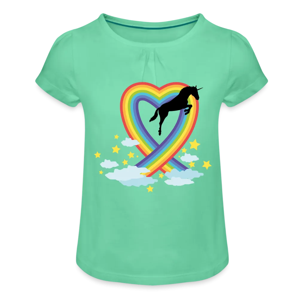 T-shirt à fronces au col Fille "Licorne et Cœur en arc-en-ciel"