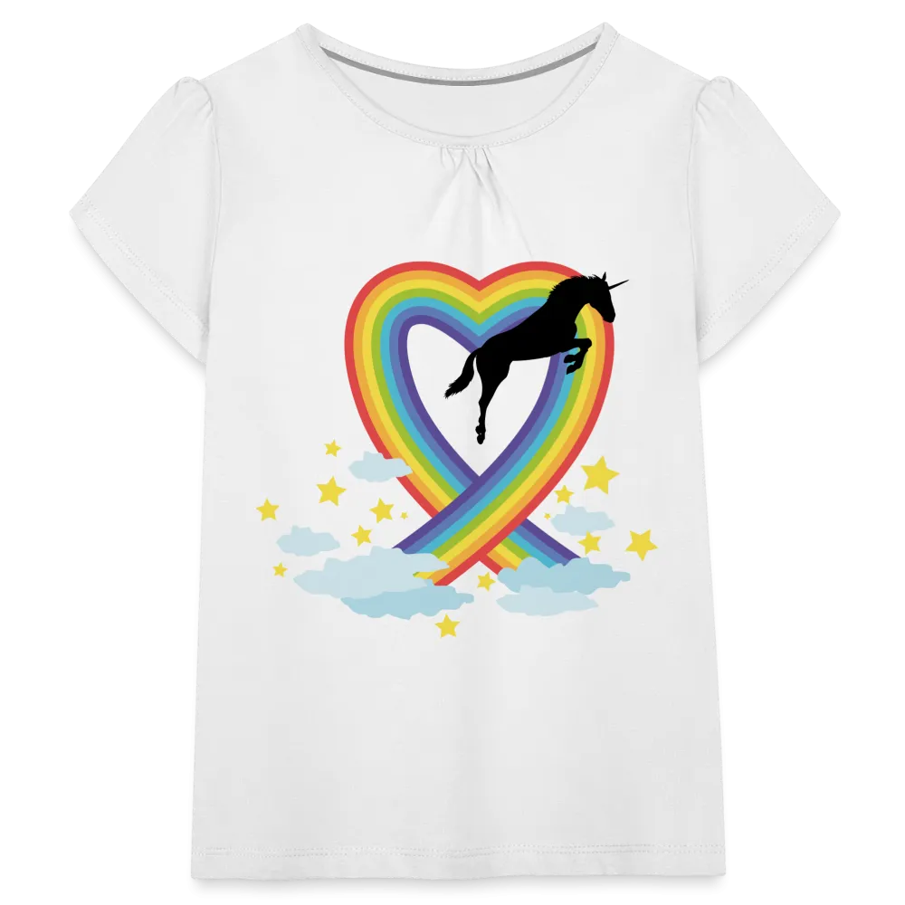 T-shirt à fronces au col Fille "Licorne et Cœur en arc-en-ciel"
