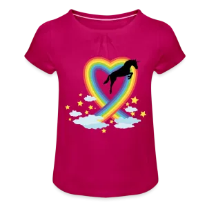 T-shirt à fronces au col Fille "Licorne et Cœur en arc-en-ciel"