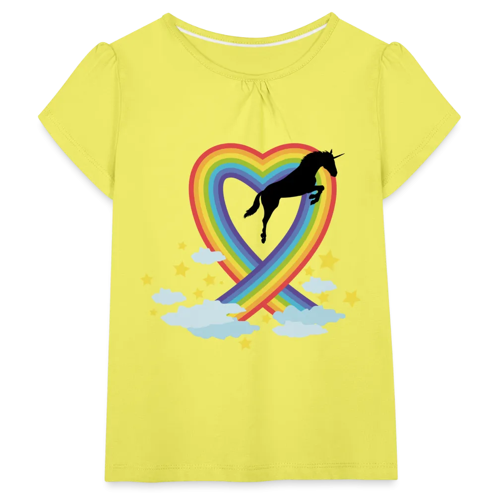 T-shirt à fronces au col Fille "Licorne et Cœur en arc-en-ciel"