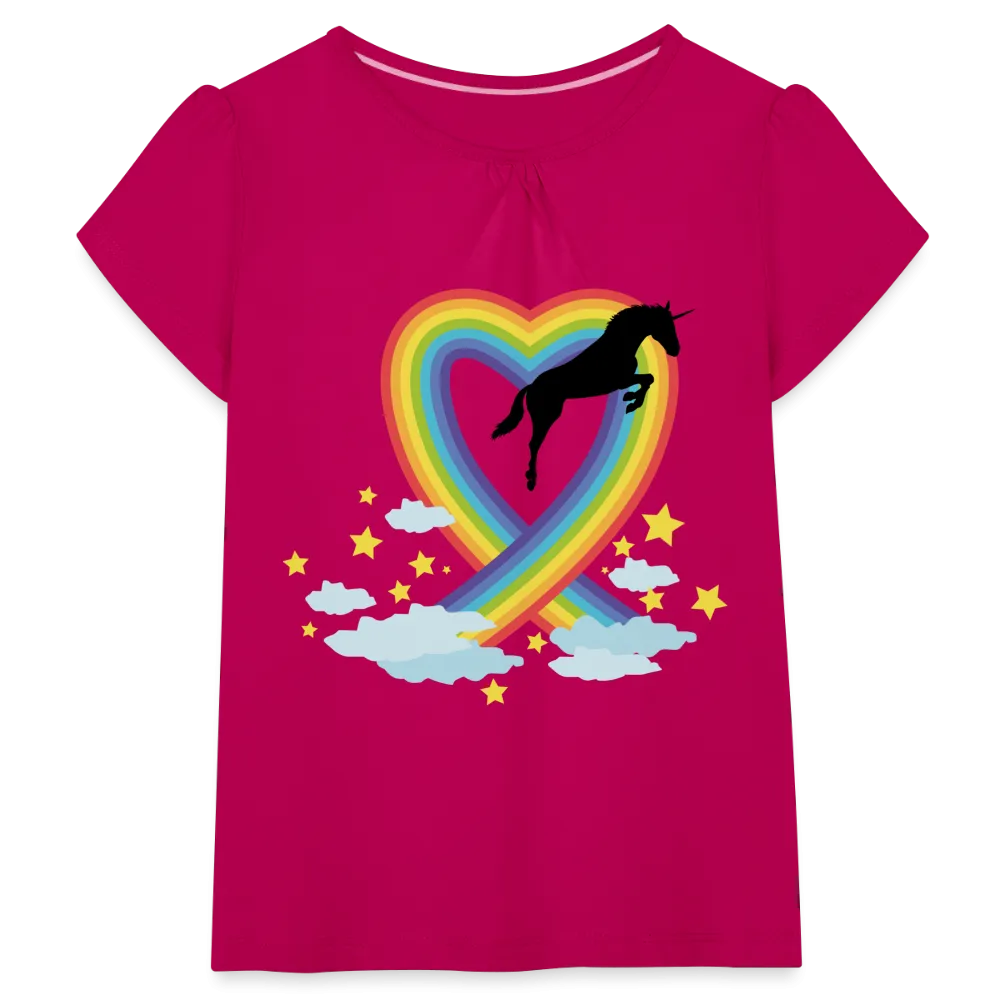 T-shirt à fronces au col Fille "Licorne et Cœur en arc-en-ciel"